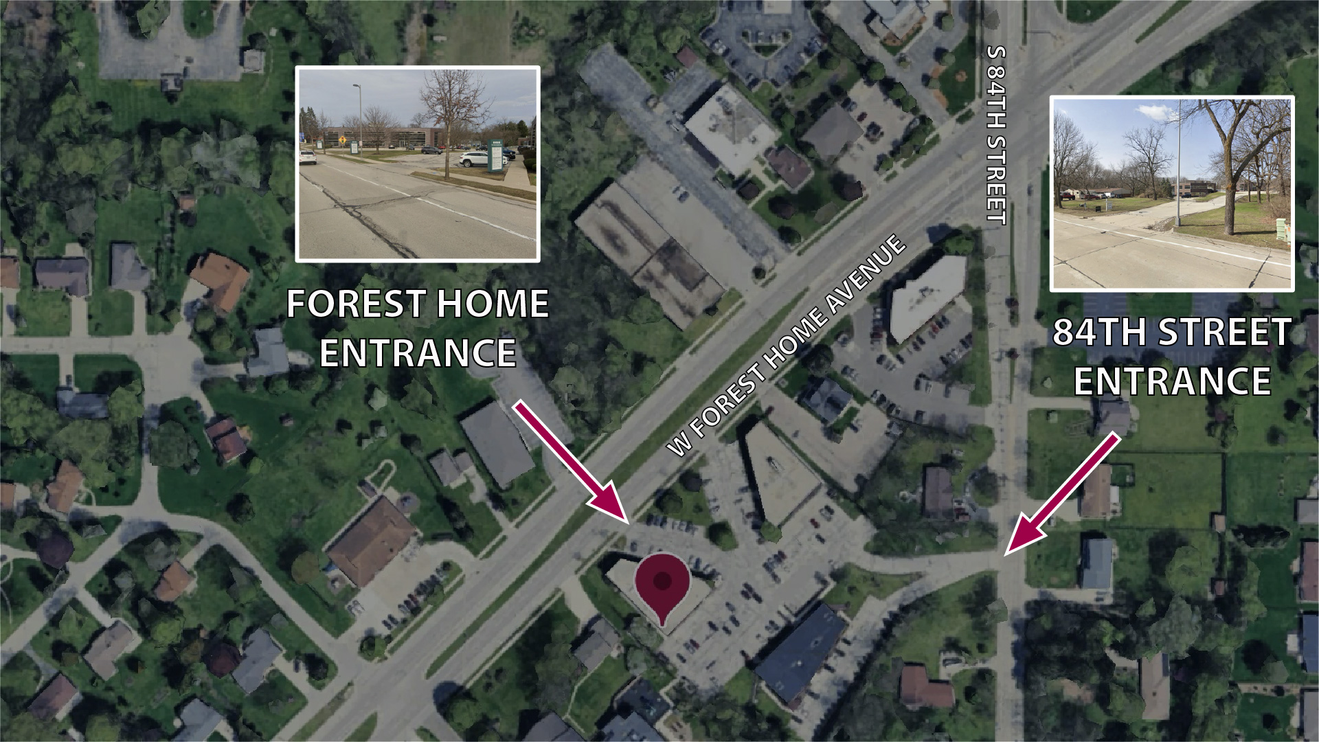 Map showing access to the Greenfield location from 84th Street